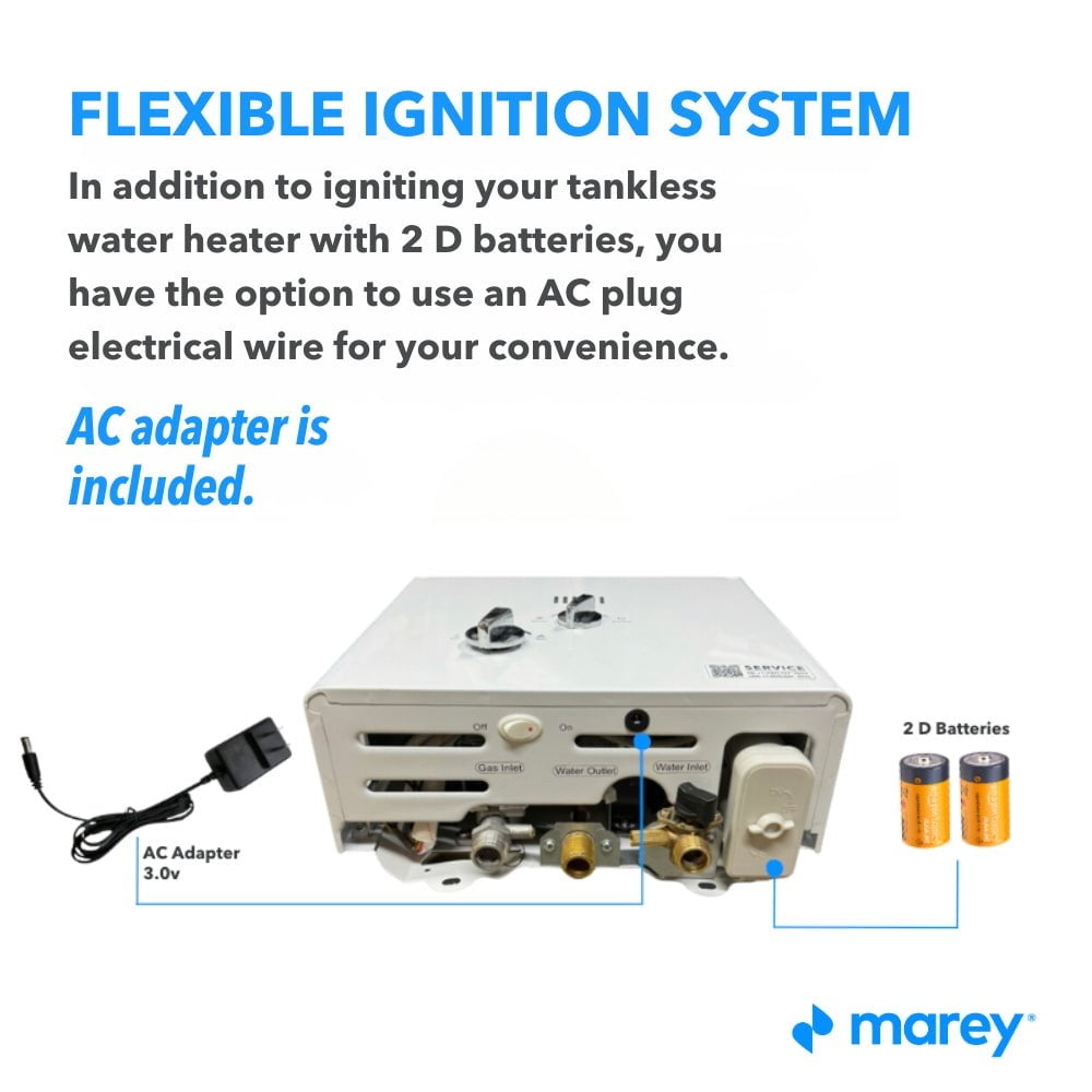 Marey Marey GA10FLPOB 2.64GPM Tankless Water Heater Propane, 65,000 BTUs, Flow Activated, Outdoor bundle, with accessories. GA10FLPOB