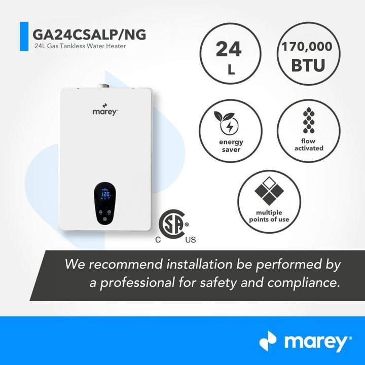 Marey Marey Tankless Water Heater Gas 24L 7.5 GPM, 170,000 BTU, Natural Gas, CSA Certified, Indoor GA24CSANG