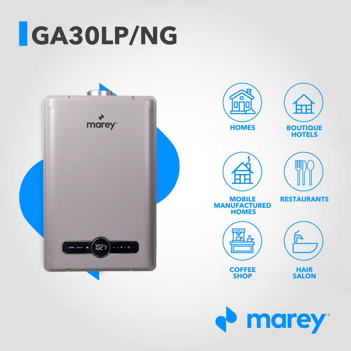 Marey Marey Tankless Water Heater Gas 30L 8.5 GPM, 199,000 BTU, Liquid Propane, High Efficiency, CSA Certified, Indoor GA30LP